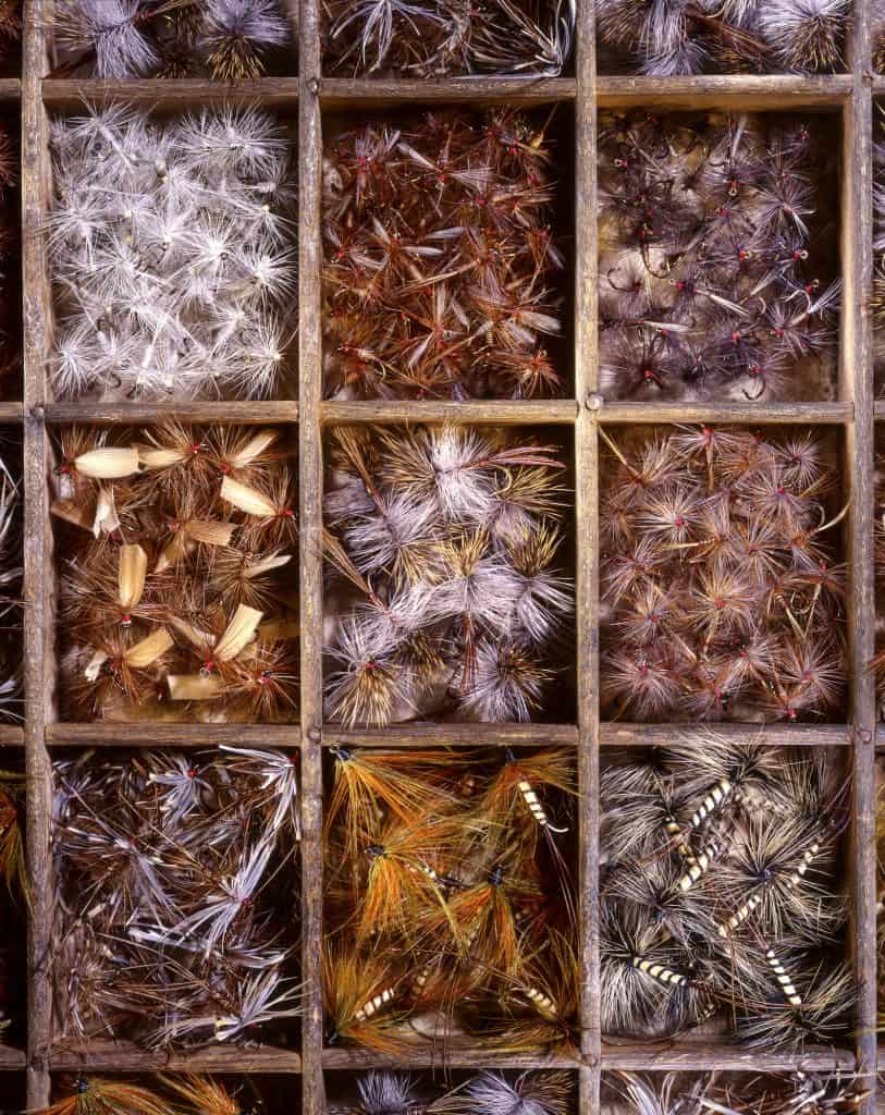 assortment of trout flies in bins in tackle store