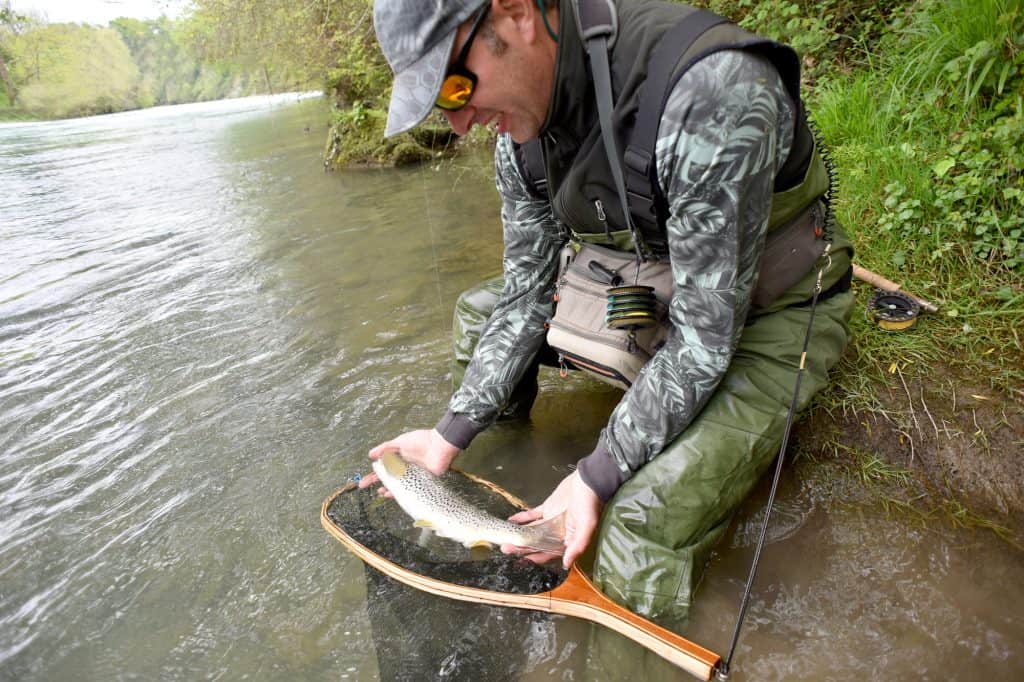 fly fisherman holding a trout and and releasing it back into the water